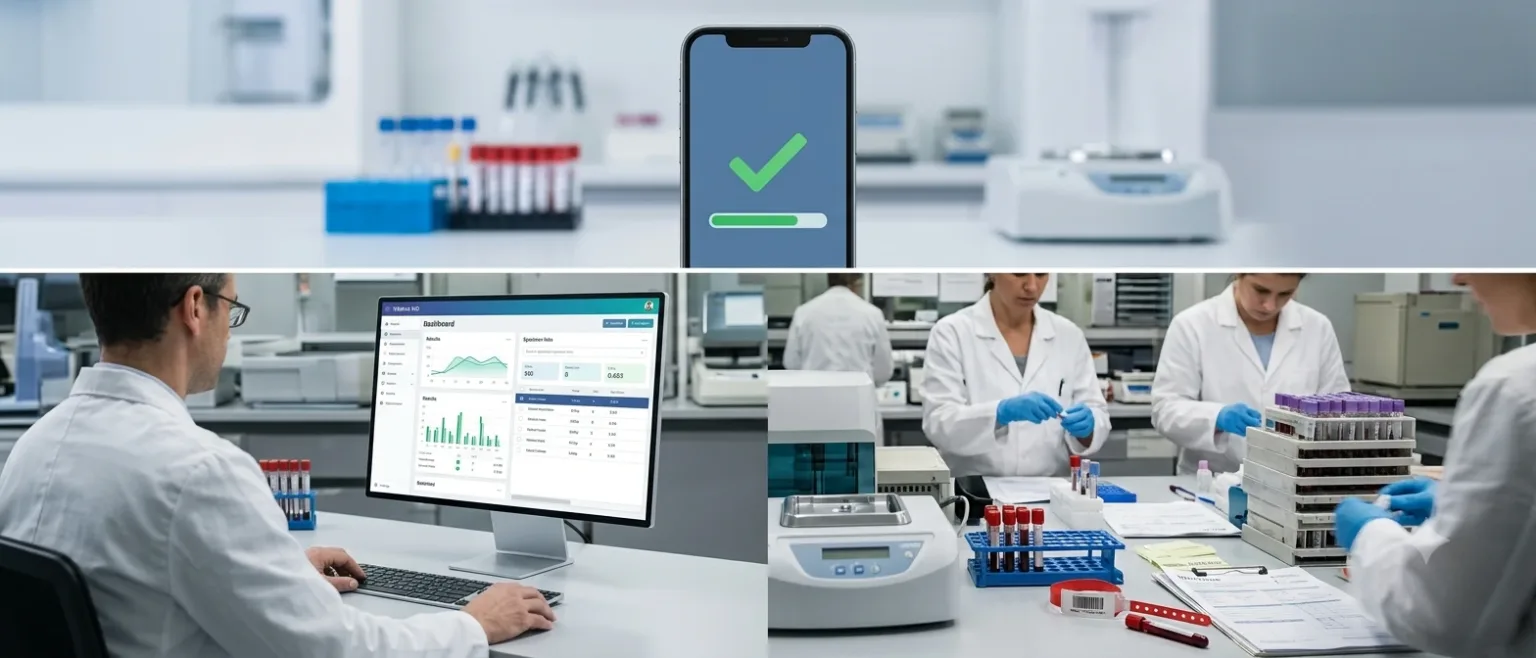 Panel de evaluación con lista de verificación y una lupa, ilustrando las 12 preguntas para elegir un sistema de gestión para laboratorio clínico.