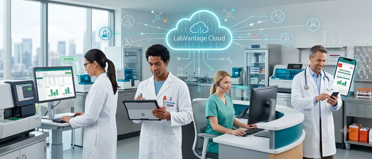 Ilustración de un sistema de laboratorio clínico en la nube conectado a una laptop, una tablet y un teléfono, representando el acceso al sistema desde cualquier dispositivo y lugar.