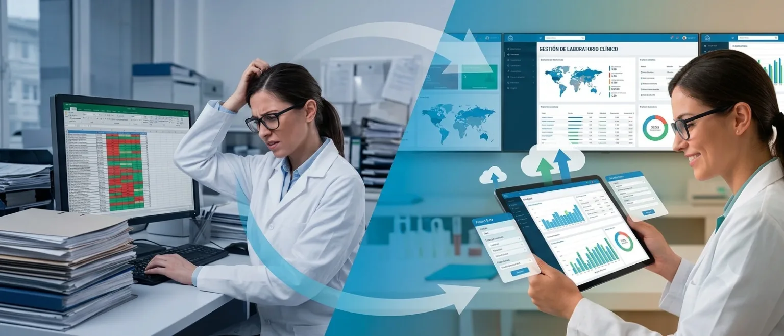 Pantalla dividida: a la izquierda una hoja de cálculo con datos de laboratorio; a la derecha un sistema de laboratorio clínico en la nube abierto en el navegador.