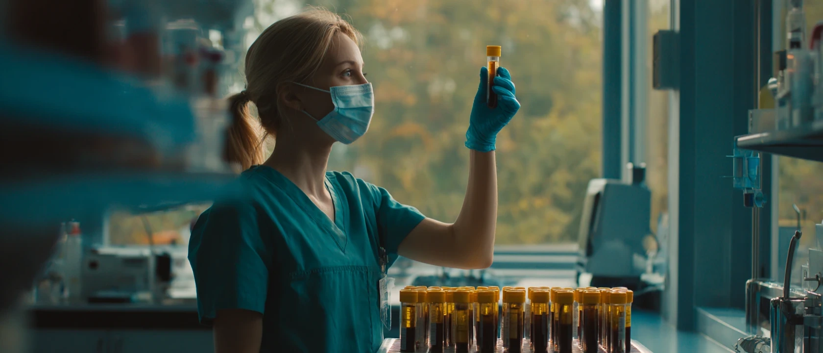 Gradilla de tubos en un laboratorio clínico con una etiqueta de precaución de bioseguridad visible, manipulada con guantes
