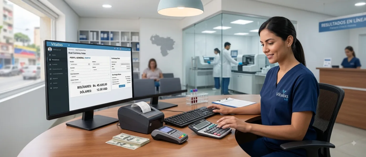 Recepcionista de laboratorio clínico calculando el monto de una orden en bolívares y dólares