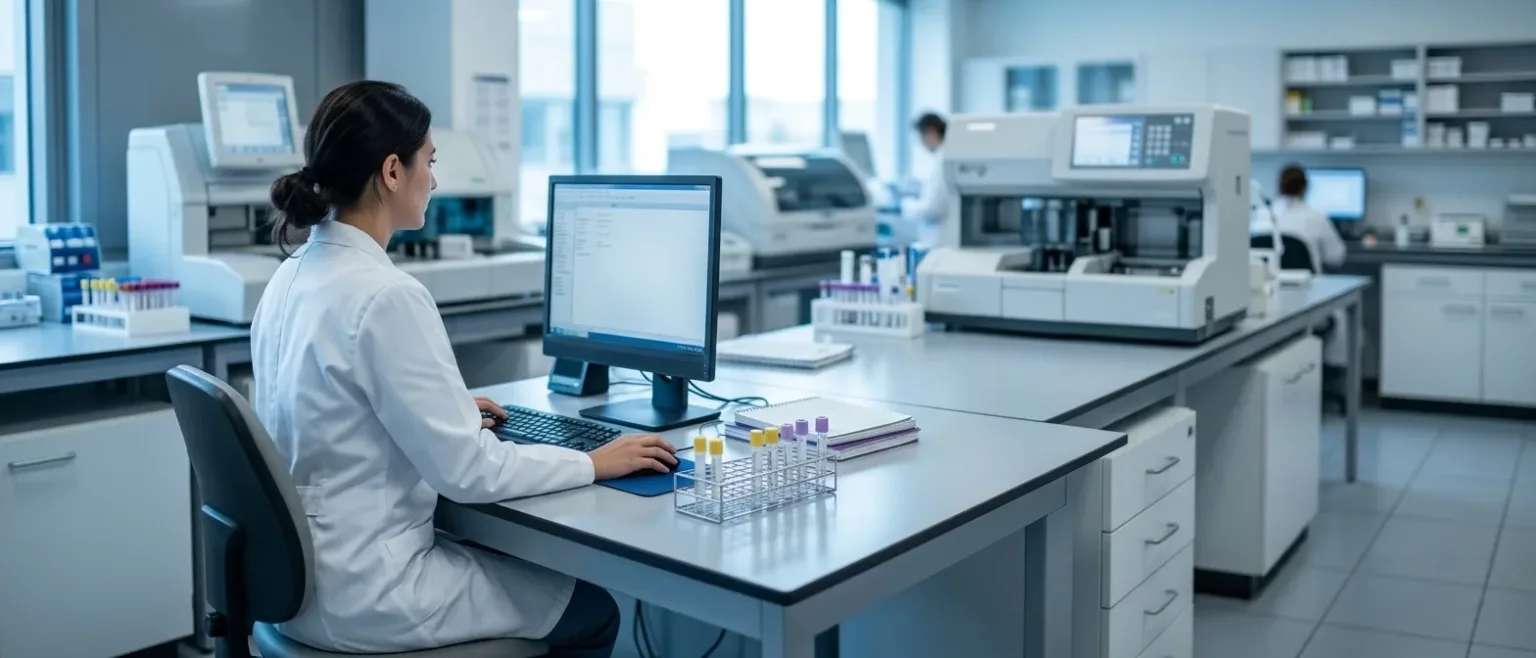 Bioanalista con bata revisa en la pantalla de una computadora la lista de precios del laboratorio, junto a una gradilla de tubos y un analizador de química clínica sobre el mesón.