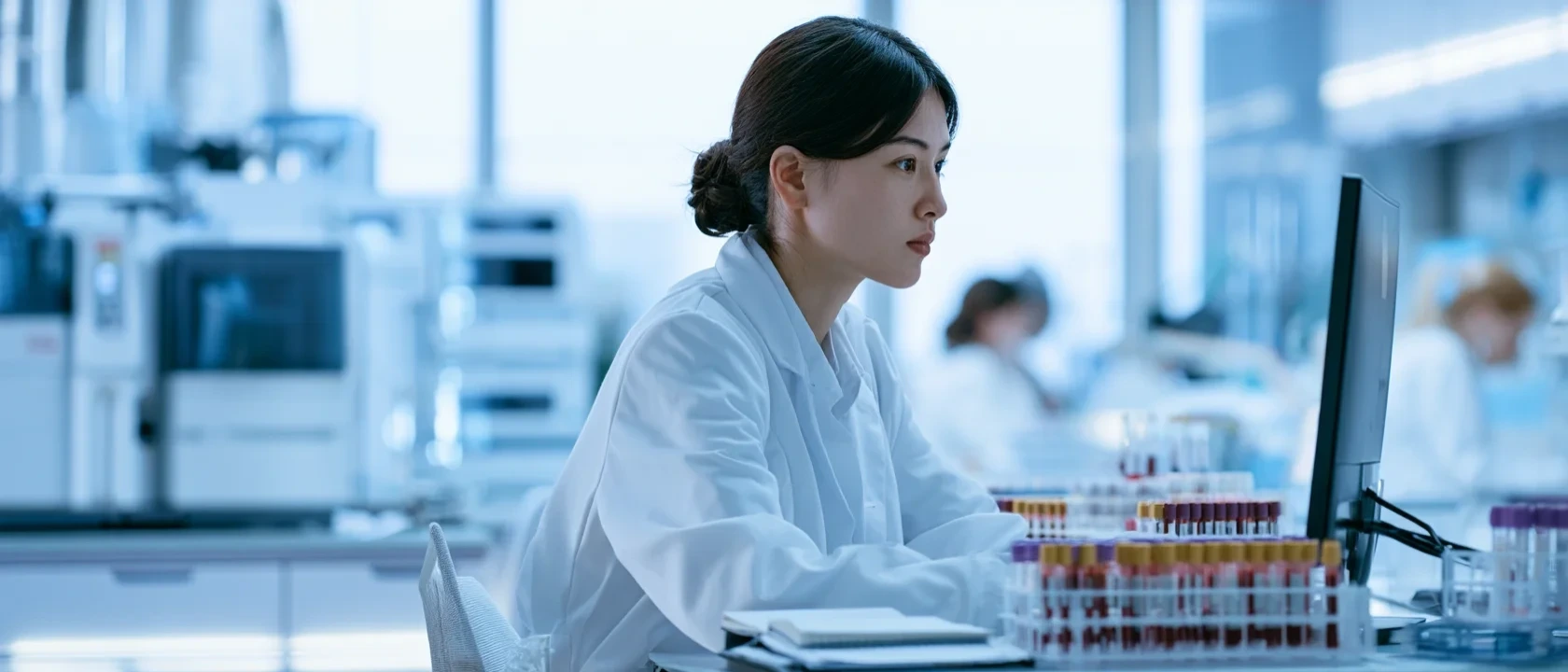 Bioanalista con bata revisa en la pantalla de una computadora la lista de precios del laboratorio, junto a una gradilla de tubos y un analizador de química clínica sobre el mesón.