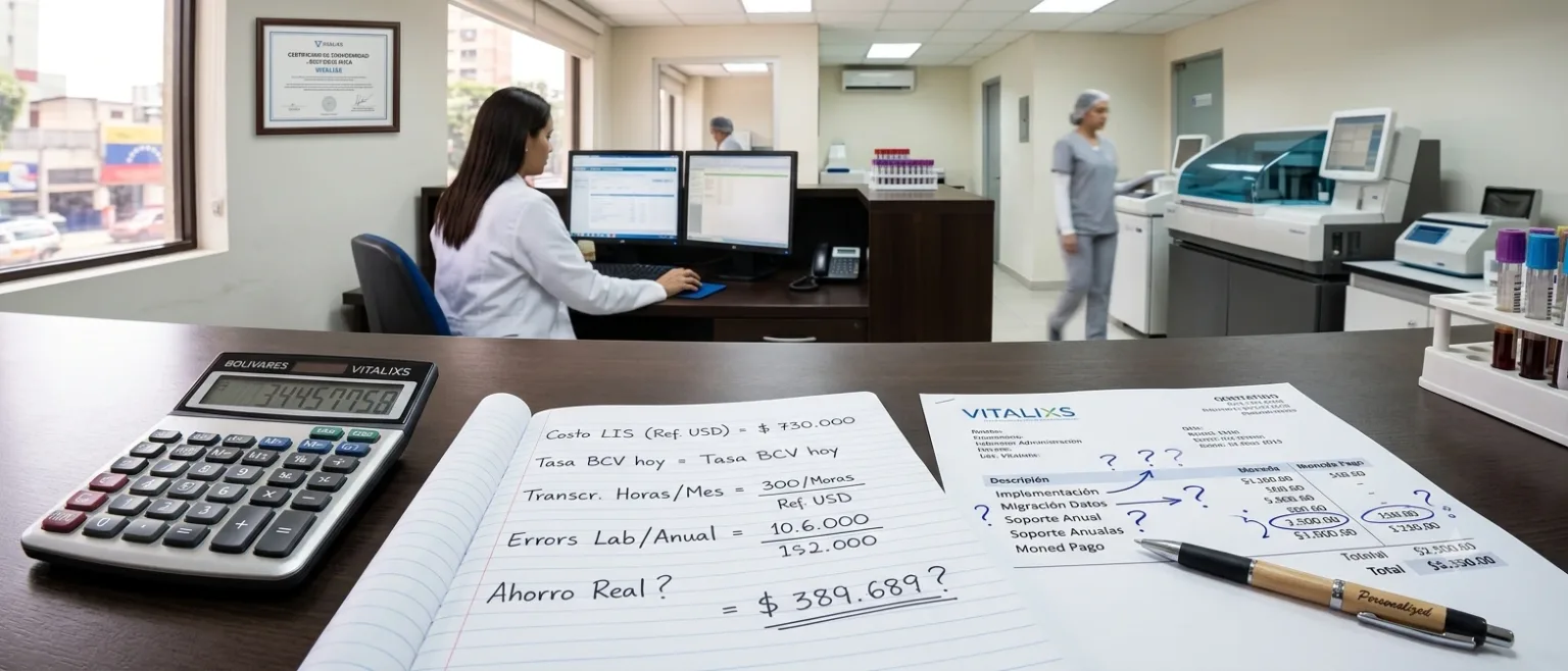 Escritorio de la administración de un laboratorio clínico con una calculadora, una cotización impresa de un sistema de gestión y una libreta con cuentas escritas a mano.