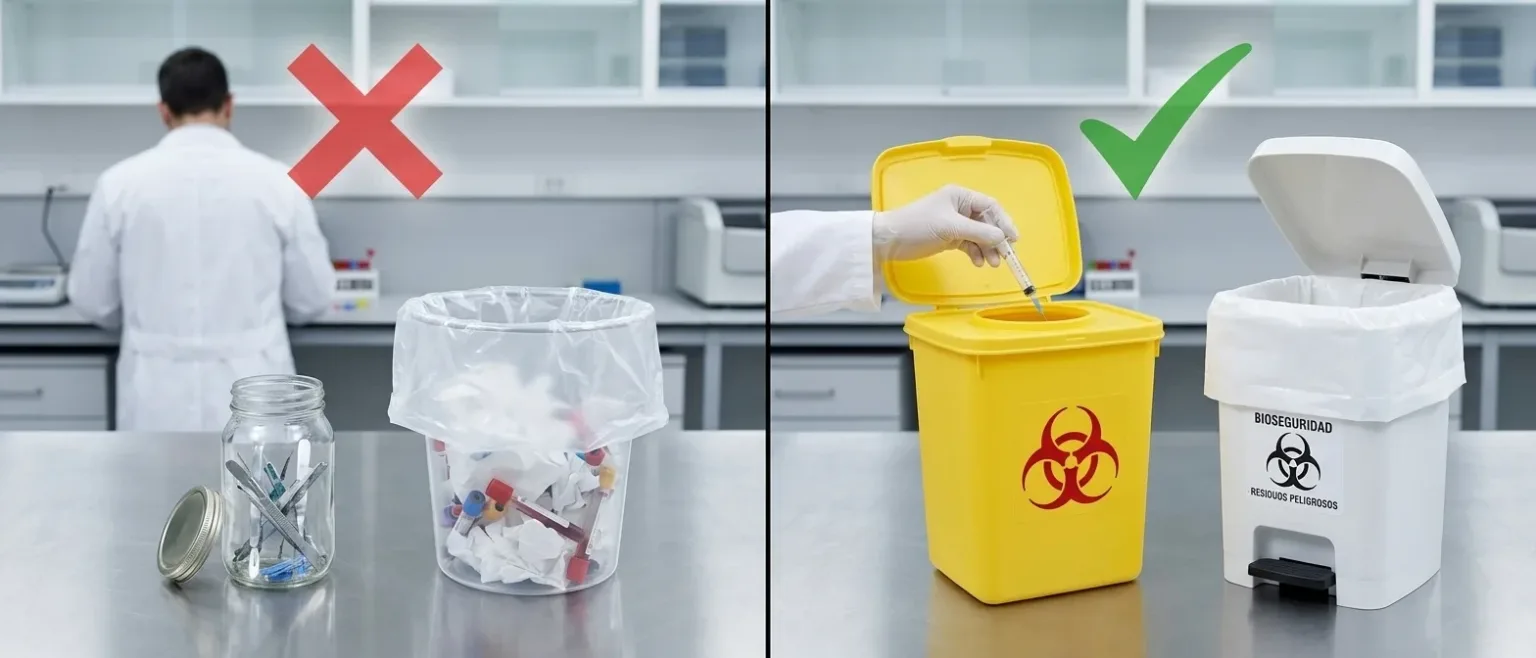 Recipiente rígido de descarte de cortopunzantes y bolsa blanca de desechos peligrosos rotulada, en el área de toma de muestras de un laboratorio clínico.