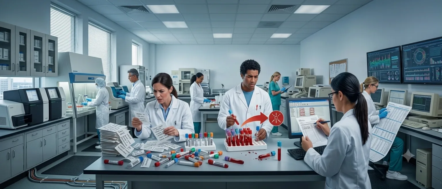 Personal de laboratorio revisa tubos de sangre mal rotulados y etiquetas escritas a mano en la recepción de muestras.