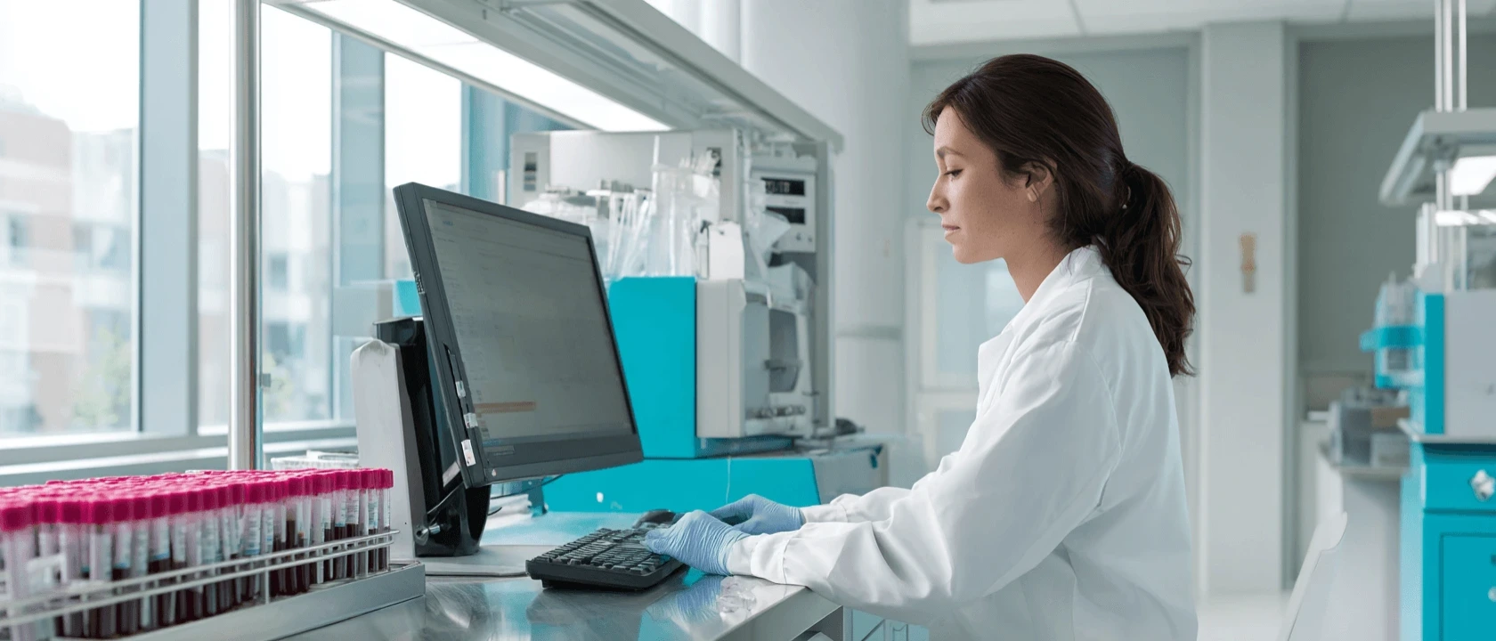 Pantalla de un sistema de información de laboratorio sobre el mesón de trabajo, con una gradilla de tubos en primer plano
