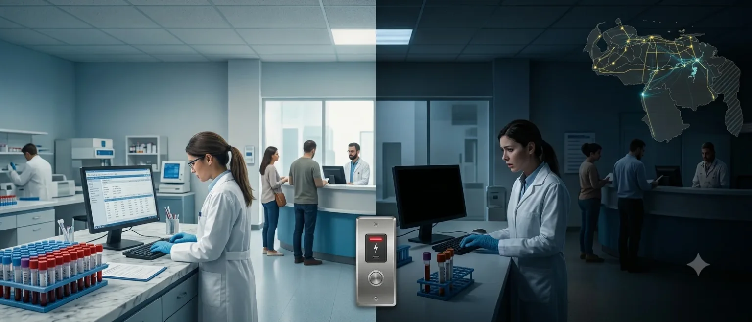 Recepción de un laboratorio clínico en penumbra durante un corte eléctrico, con un monitor apagado sobre el mostrador y una planilla de órdenes escrita a mano junto al teclado.