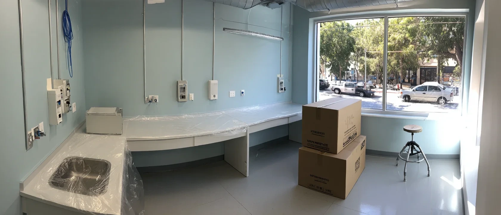 Local de laboratorio en montaje: mesones nuevos cubiertos con plástico protector, lavamanos de acero, cajas sin abrir y un taburete junto al ventanal