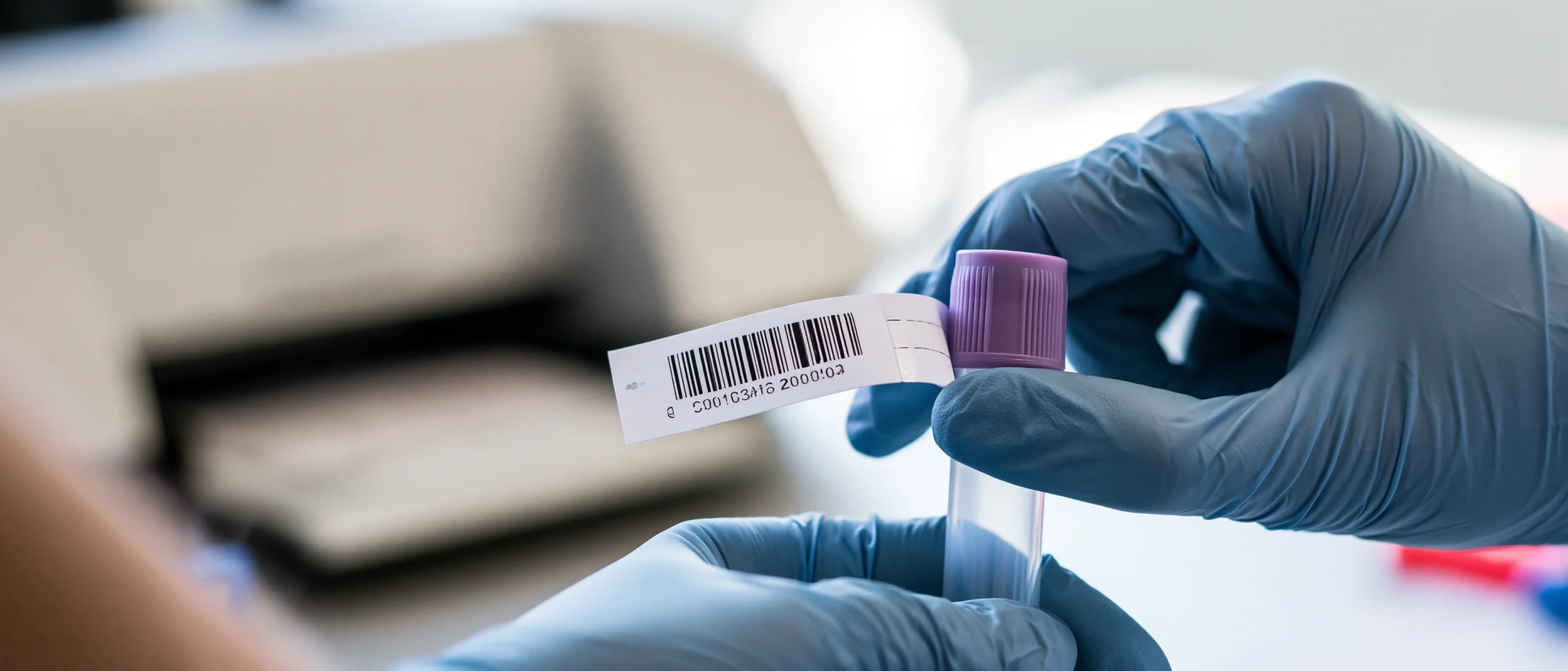 Manos con guantes de nitrilo pegando una etiqueta impresa con código de barras sobre un tubo de tapa lila, en un mesón de laboratorio, con una impresora térmica de etiquetas desenfocada al fondo.