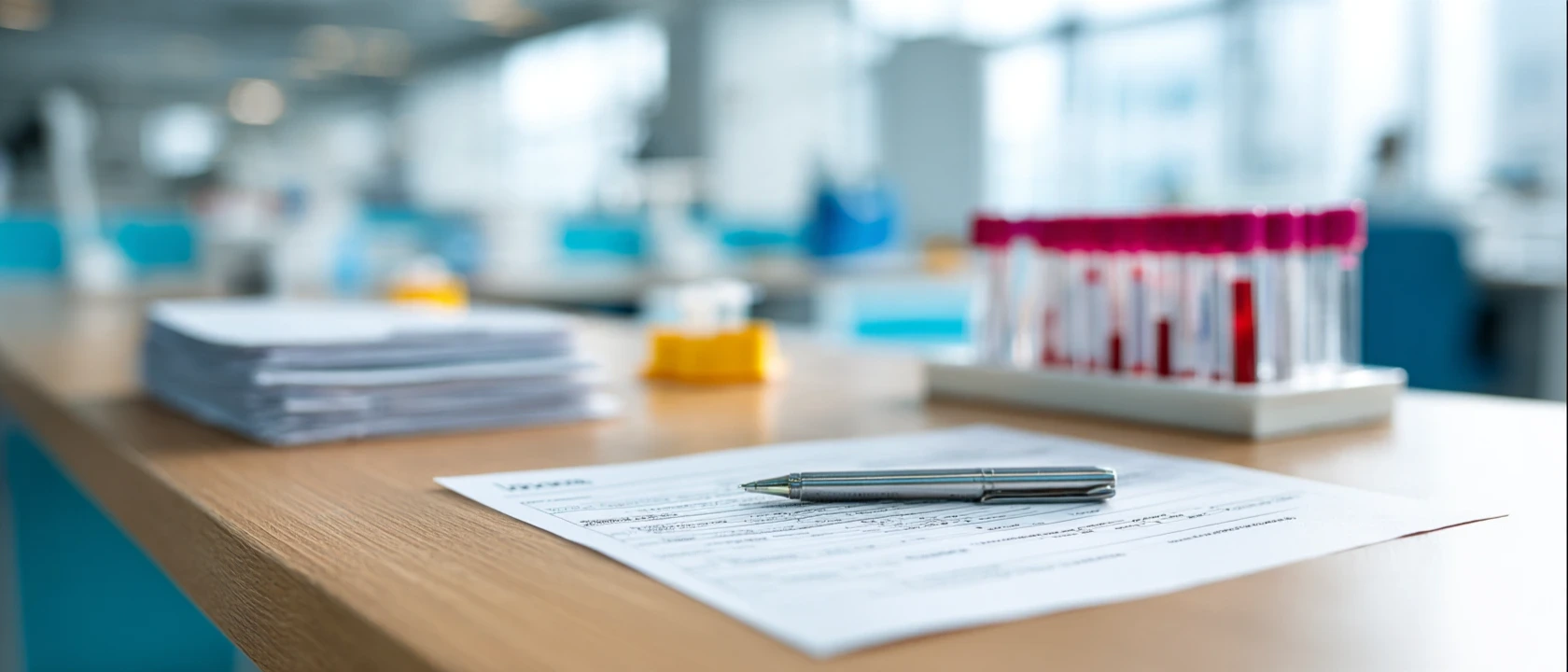 Mesón de recepción de un laboratorio clínico con órdenes agrupadas por lote, correspondientes a convenios de empresa