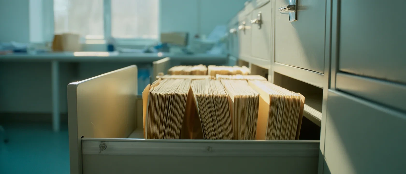 Archivador de laboratorio clínico con una gaveta abierta, representando el acceso al historial de datos del laboratorio