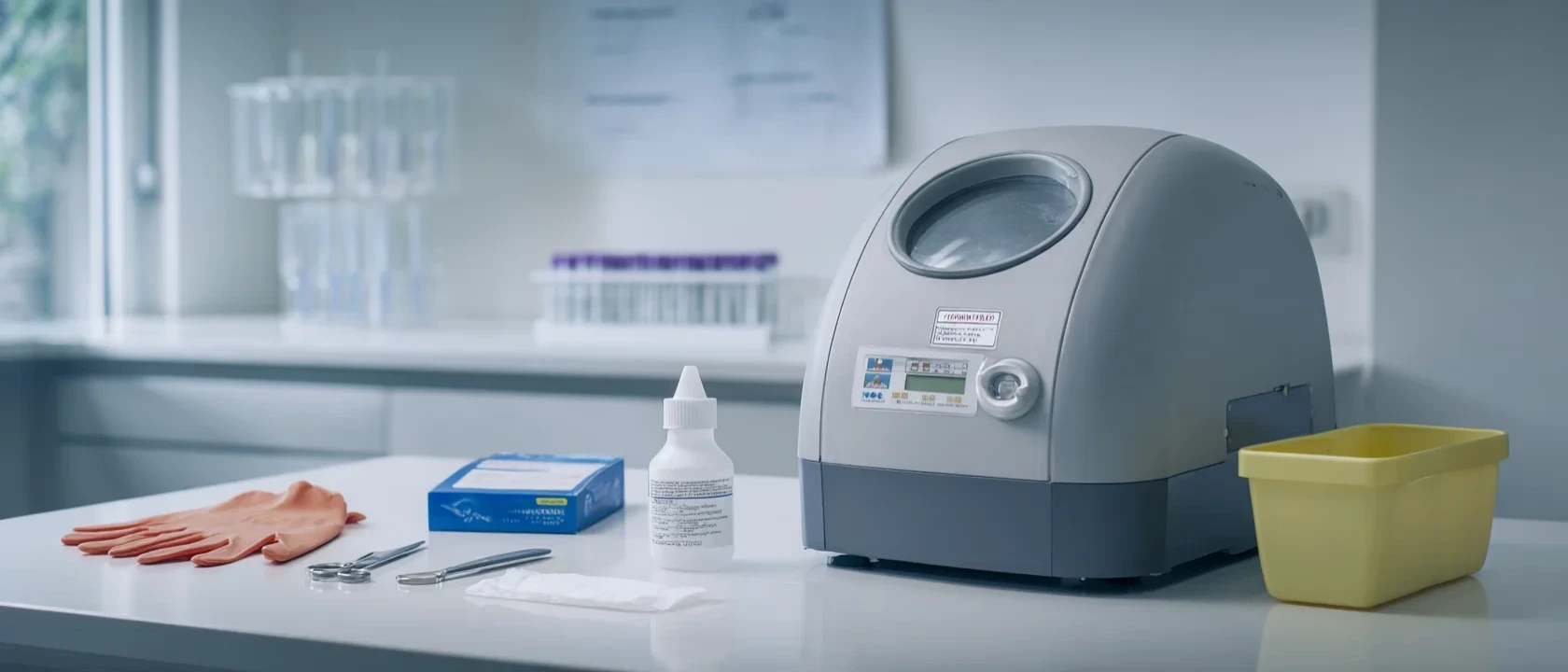 Kit de derrames de sangre sobre el mesón de un laboratorio clínico: guantes gruesos y desechables, papel absorbente, cloro, probeta, pinzas y contenedor de punzocortantes, junto a una centrífuga.