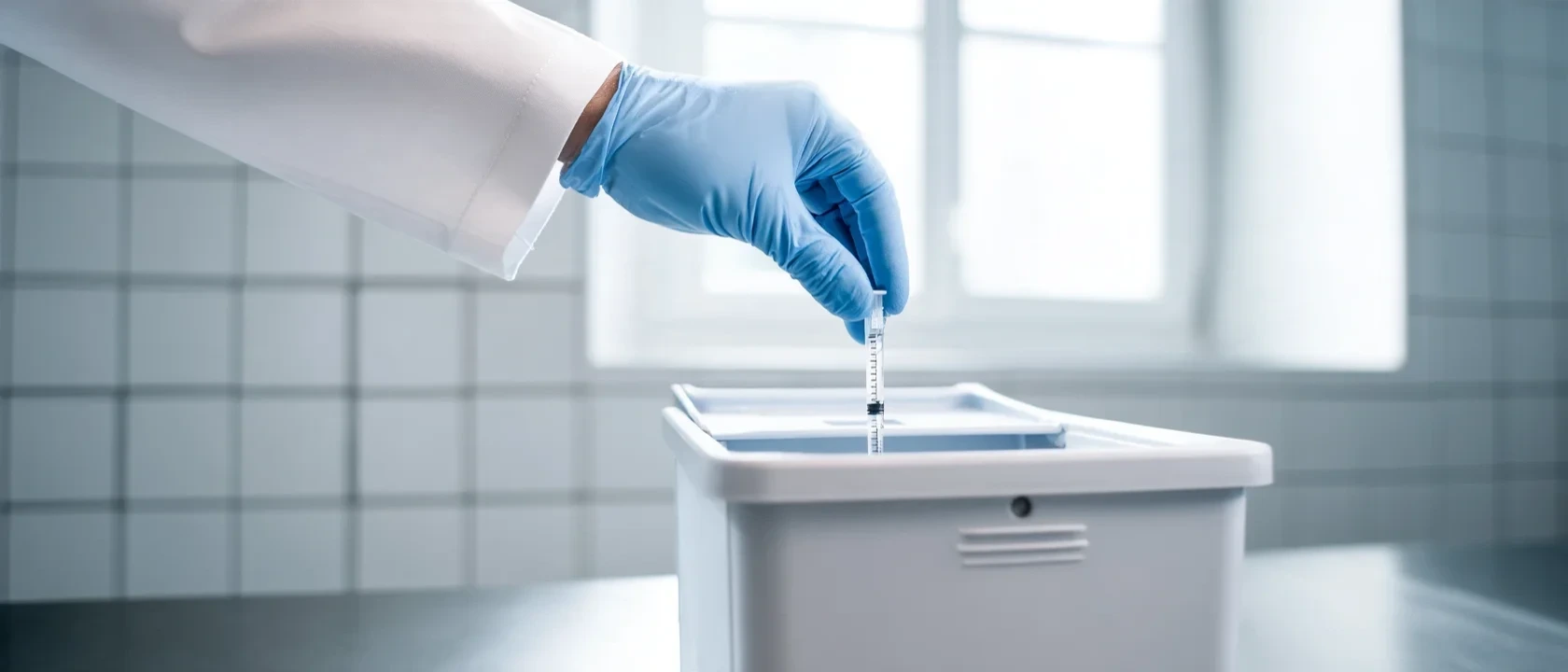 Mano con guante descartando una jeringa por la abertura de un recipiente rígido de plástico con tapa, sobre el mesón de un laboratorio clínico