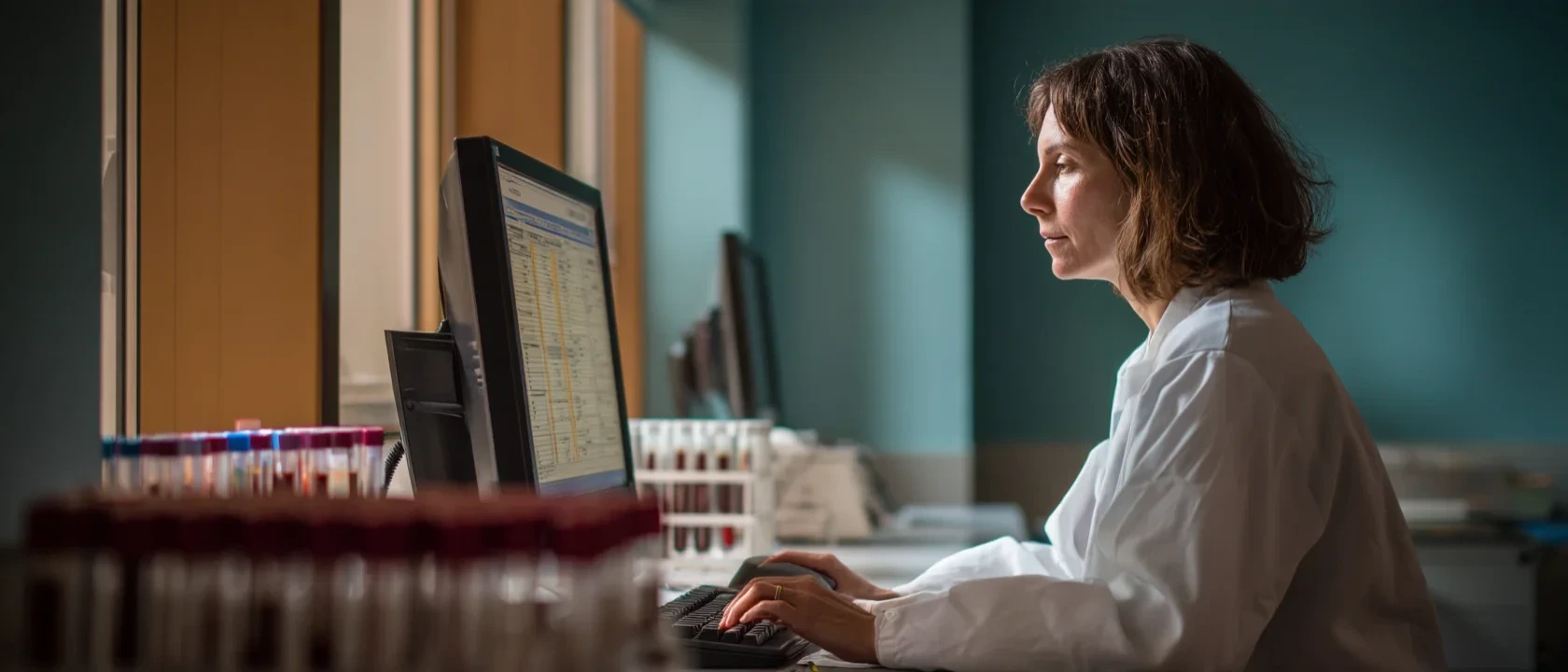 Bioanalista con bata revisa en la pantalla de la computadora el informe de resultados de un paciente antes de validarlo, con una gradilla de tubos y el teclado sobre el mesón del laboratorio.