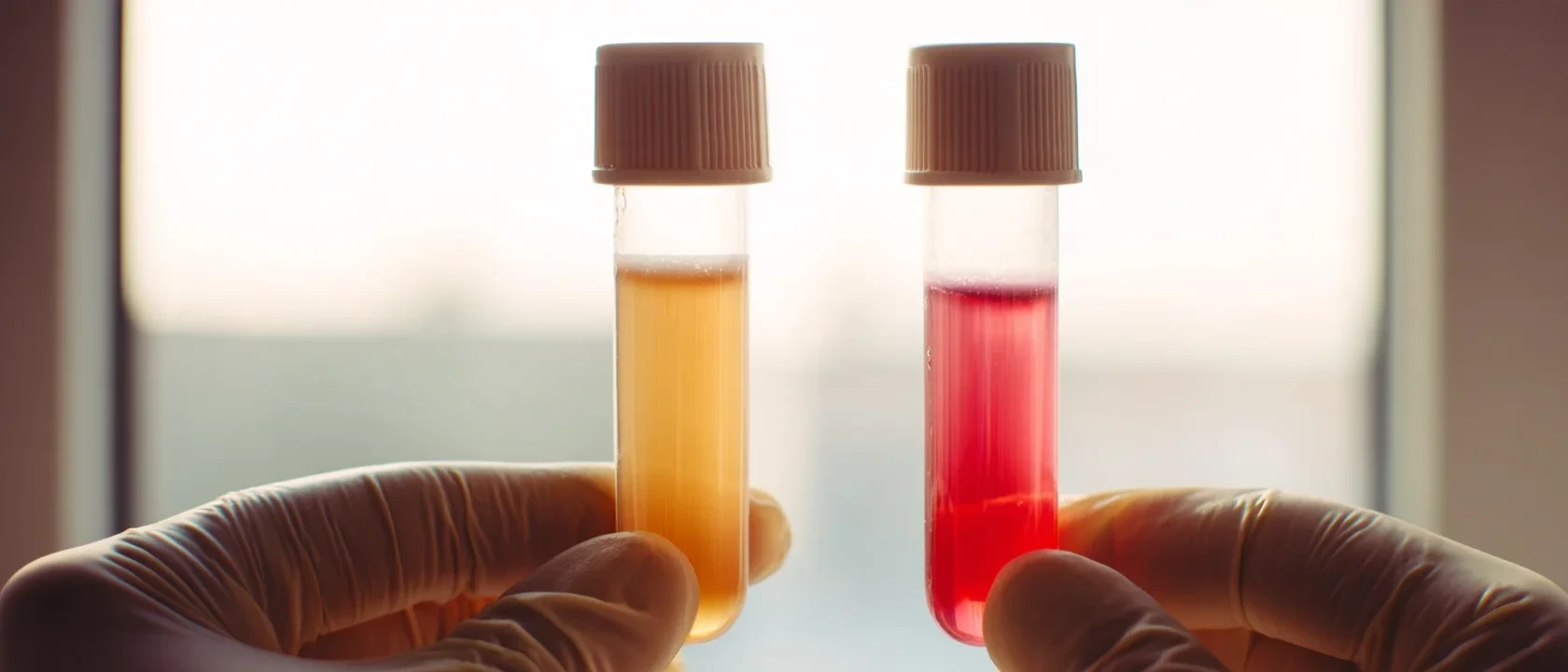 Tubo de suero con hemólisis, de color rojizo, junto a un tubo de suero normal de color amarillo claro, en una gradilla de laboratorio.
