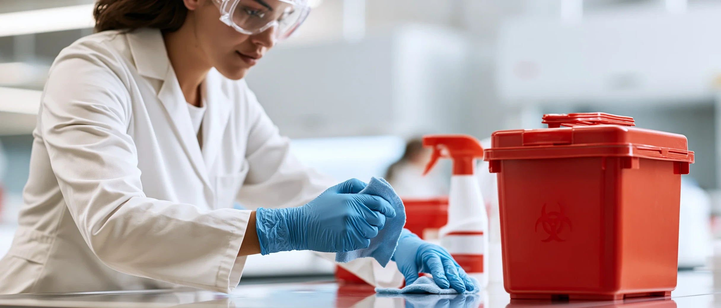Bioanalista con bata, guantes y lentes de seguridad descontamina el mesón de trabajo con solución desinfectante, junto a un contenedor rígido para punzocortantes.
