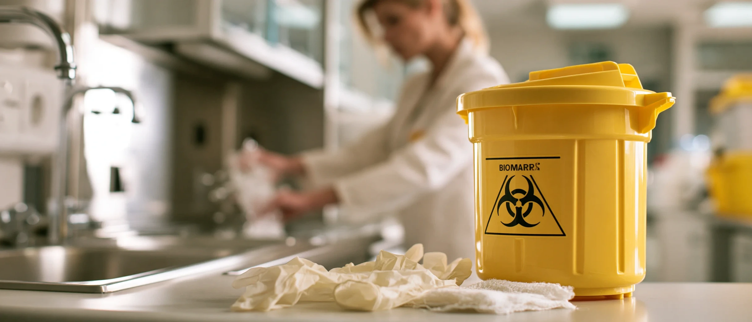 Contenedor rígido amarillo para punzocortantes sobre el mesón de un laboratorio, junto a un par de guantes desechables retirados y una gasa; al fondo, una bioanalista se lava las manos en el lavabo.