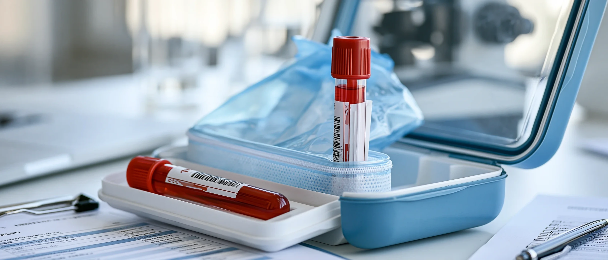 Caja de transporte de muestras biológicas abierta sobre una mesa de laboratorio: un tubo de sangre en un recipiente secundario estanco rodeado de material absorbente, con la lista de contenido al lado