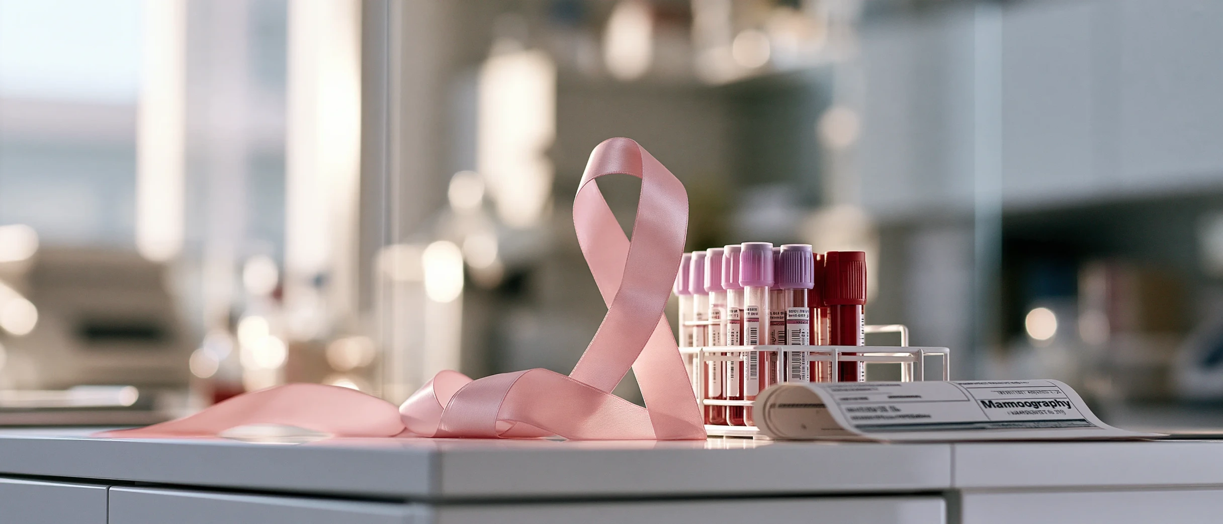 Lazo rosa del cáncer de mama sobre una mesa de laboratorio clínico, junto a una gradilla con tubos de muestra de sangre de tapa lila y roja y un informe de mamografía.