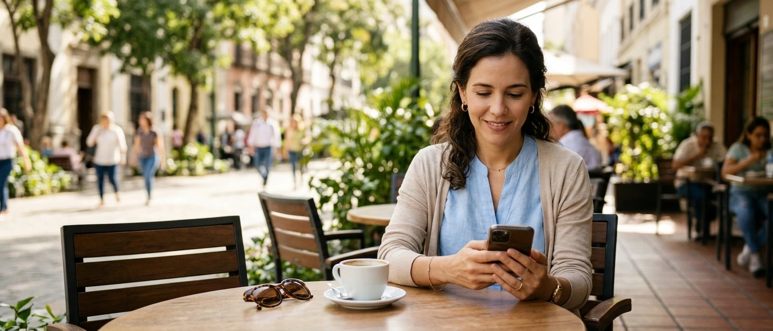 Bioanalista sentada en un café revisando en su teléfono el resumen del día de su laboratorio clínico