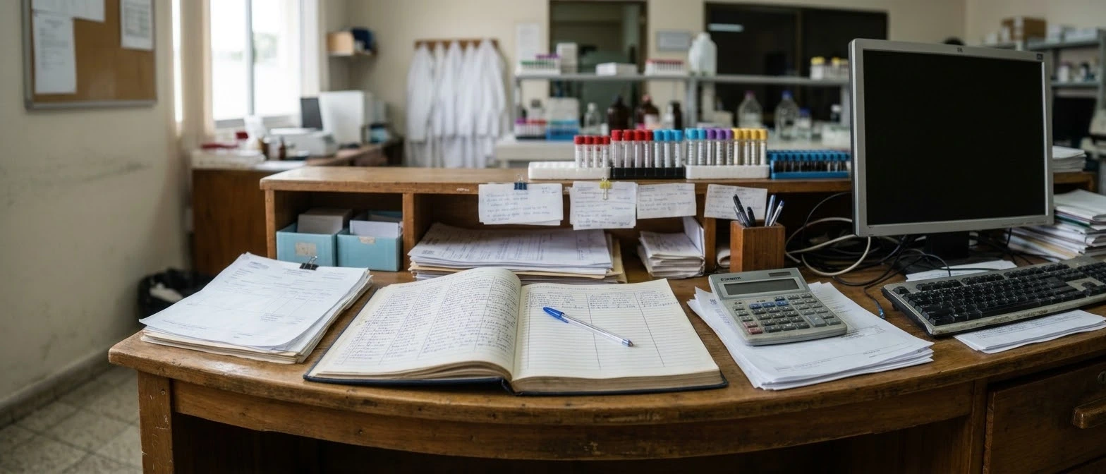 Escritorio de recepción de laboratorio con cuadernos de registro, facturas sueltas y una calculadora junto a una computadora