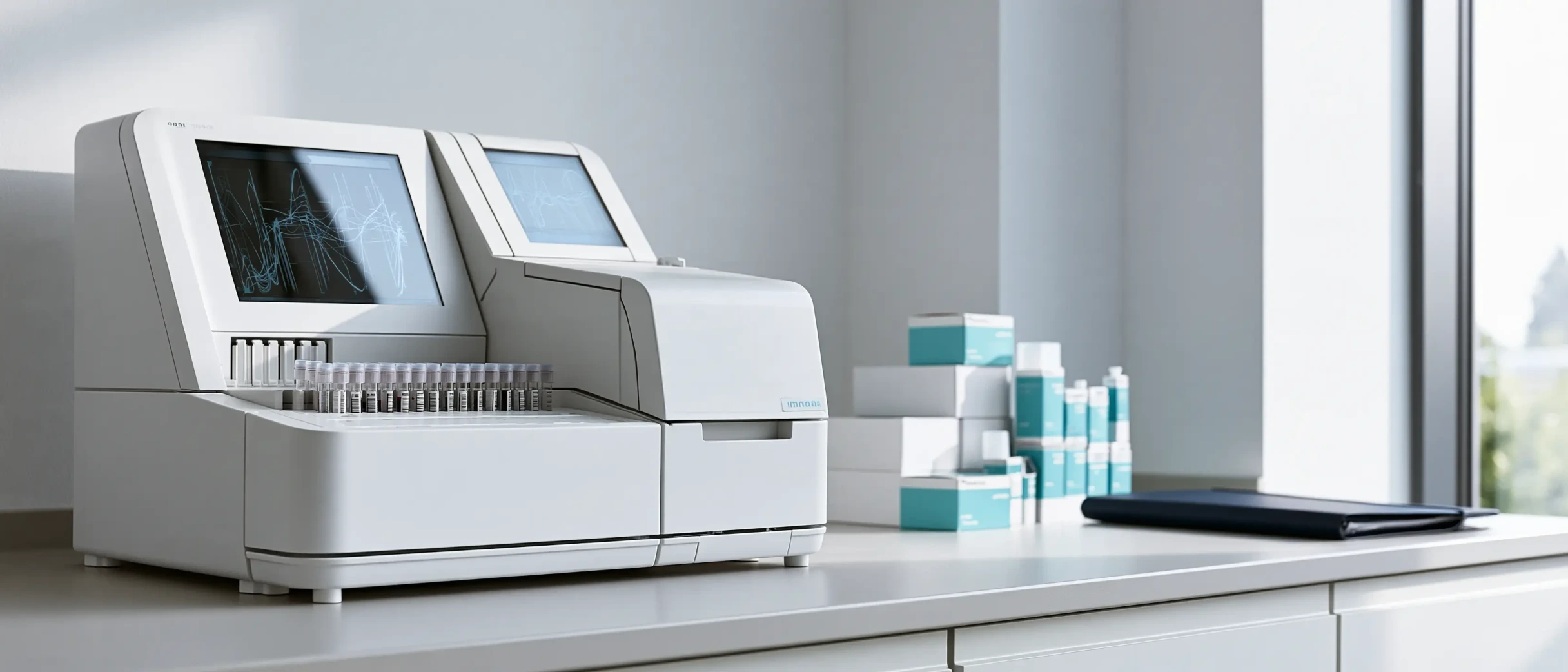 Analizador automático de química sanguínea sobre el mesón de un laboratorio clínico pequeño, junto a cajas de reactivos apiladas y una carpeta de contrato cerrada