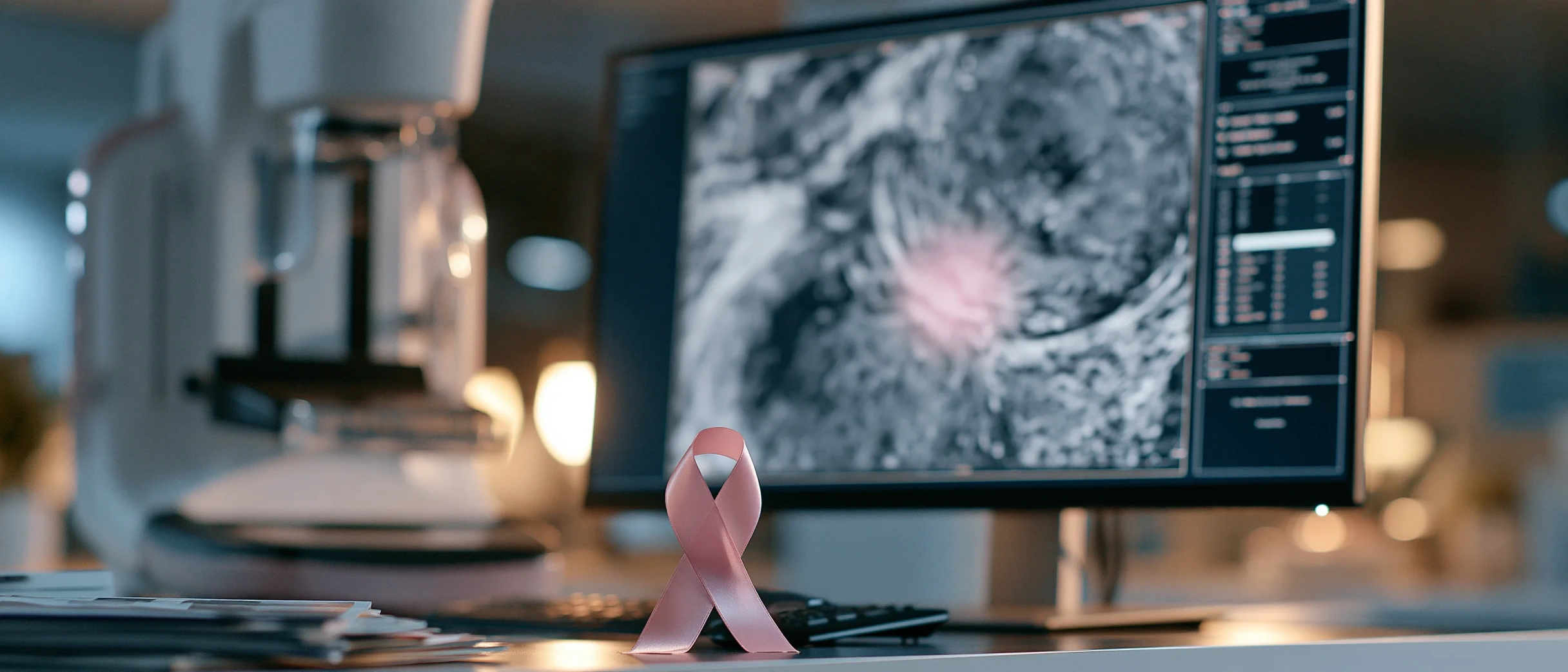 Lazo rosa del cáncer de mama frente a un monitor de radiología donde una imagen de tejido mamario muestra una zona resaltada en rosa, con un mamógrafo al fondo.