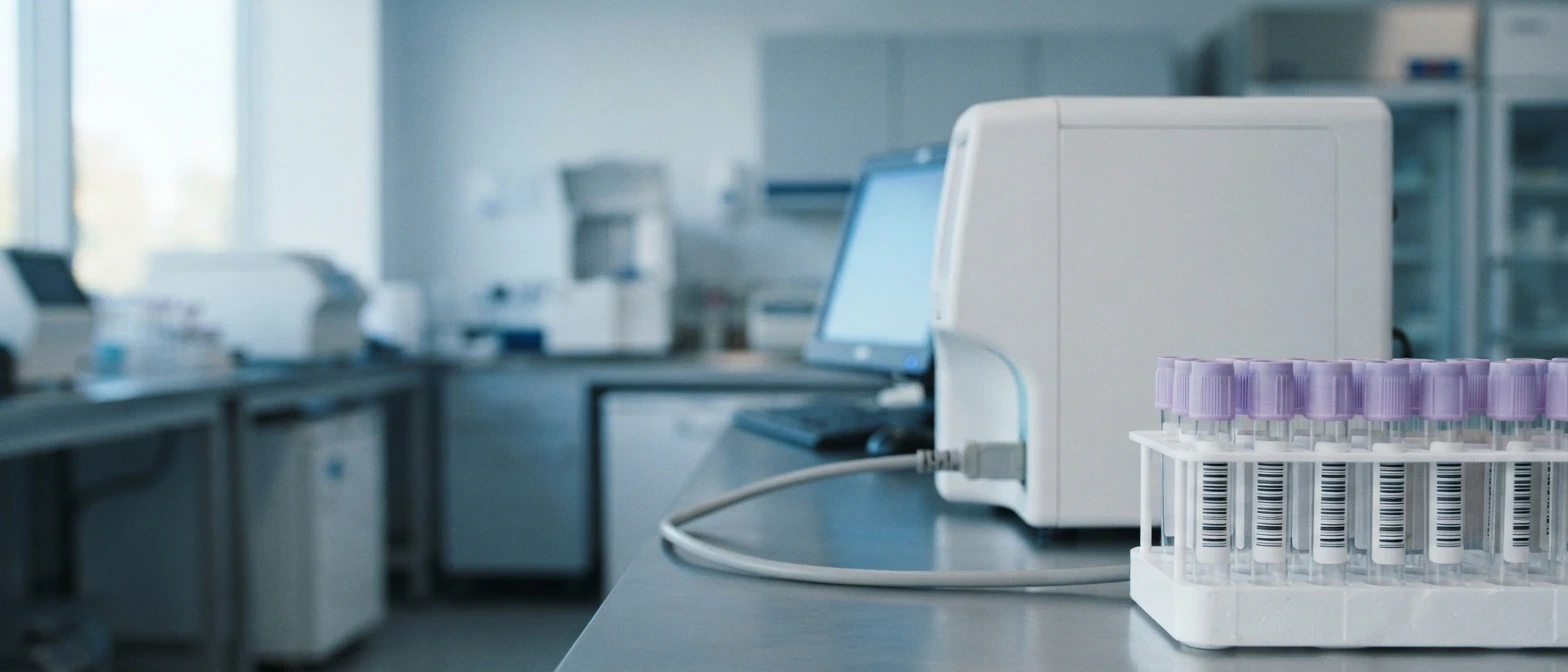 Analizador de hematología sobre el mesón conectado por cable a una computadora, con una gradilla de tubos etiquetados con código de barras al lado