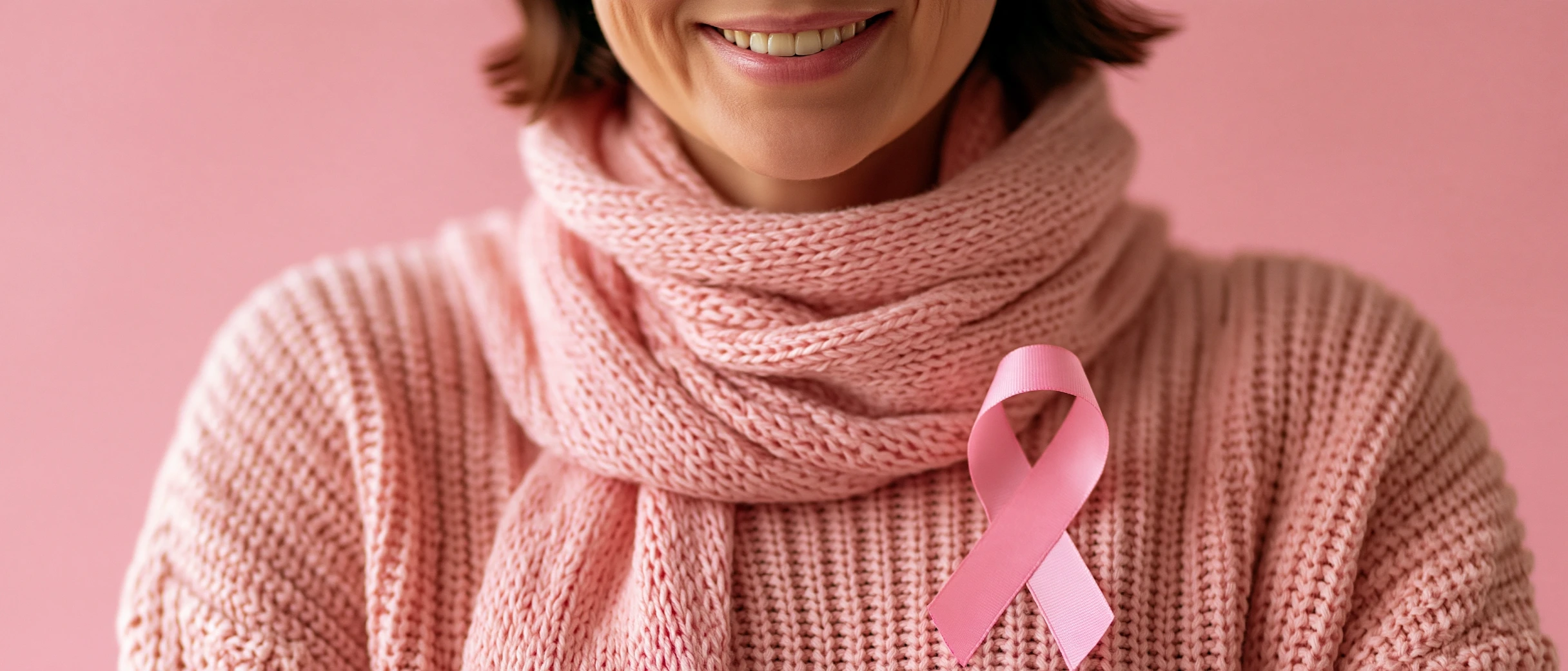 Lazo rosa sobre una mesa de laboratorio clínico junto a tubos de muestra y una bata blanca